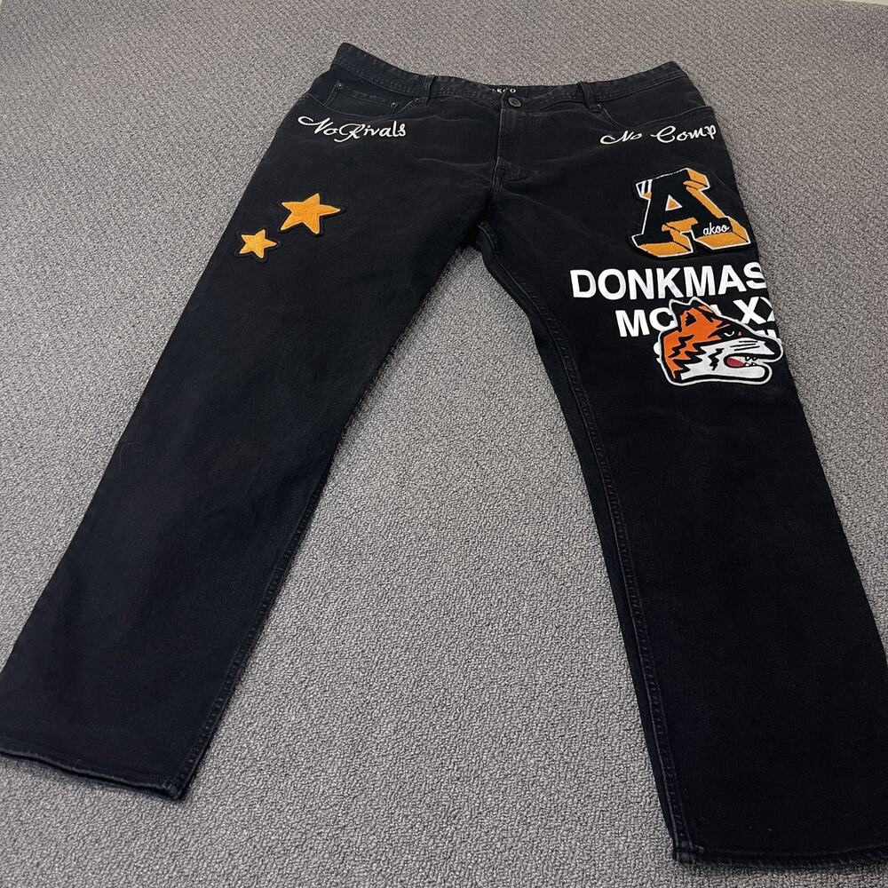 Akoo Black Straight Jeans with Yellow Star & Patch Graphics